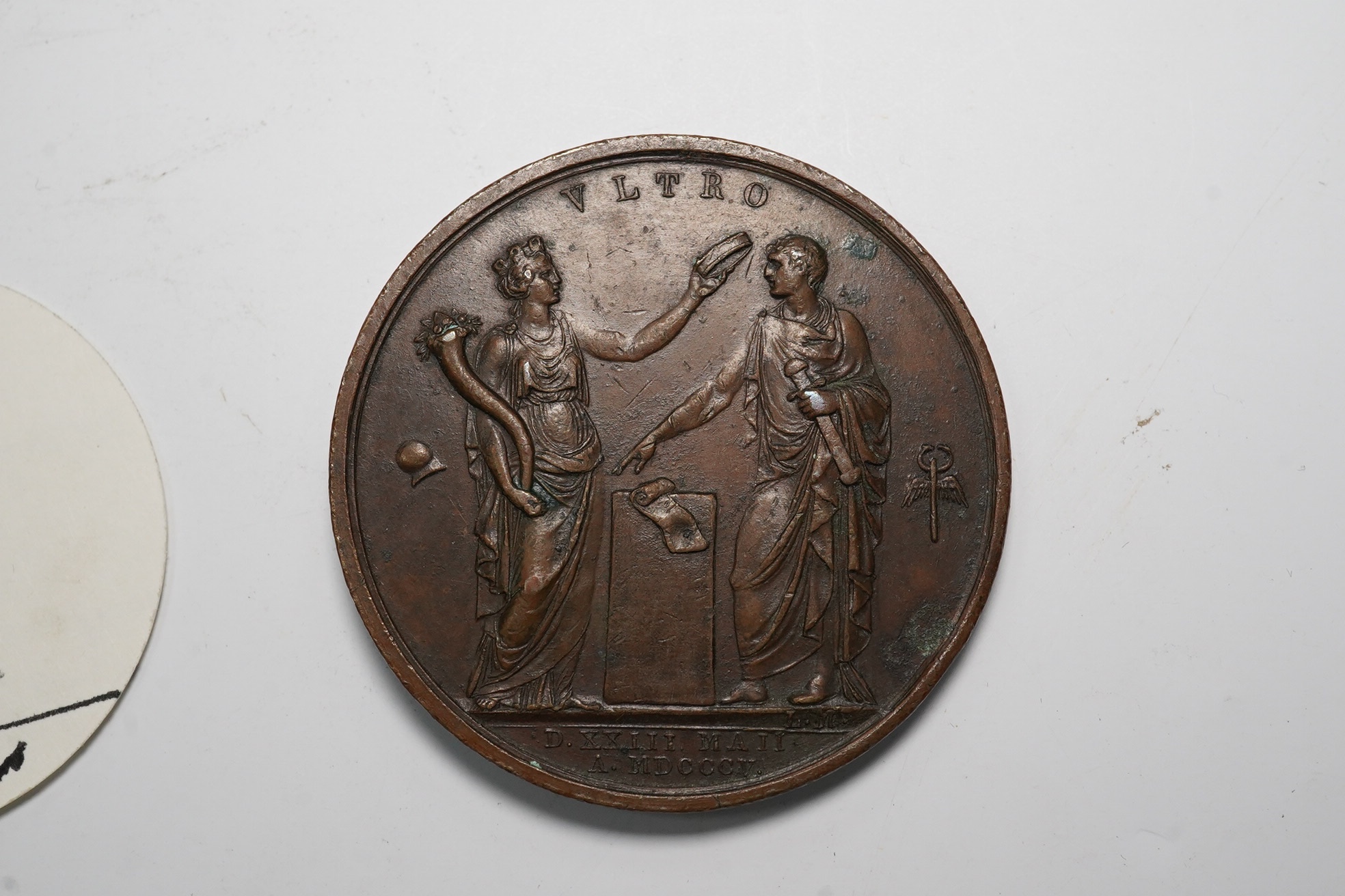 France medals, Coronation of Napoleon at Milan, 1805, a copper medal by L. Manfredini, laureate bust left, rev. figure of Italy placing wreath on the head of standing Napoleon, 42mm (Bramsen 420; BDM III, 554), near VF